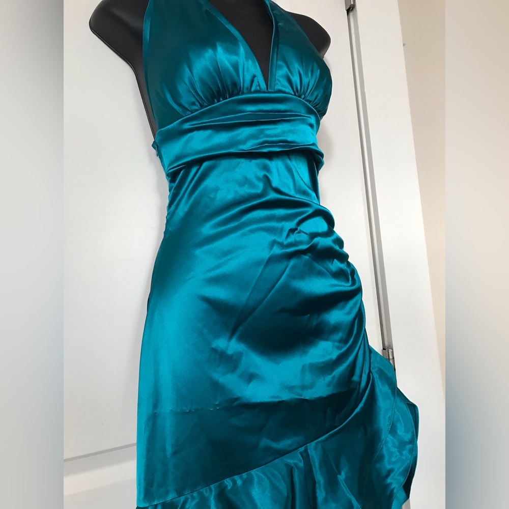 Pre Y2K 90’s Blondie Nites Linda Bernell Blue Green Asymmetrical Ruffle Prom